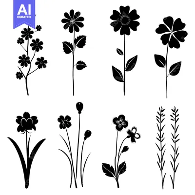 Aset desain premium: Set of Eight Black Silhouettes of Different Flowers and Plants
