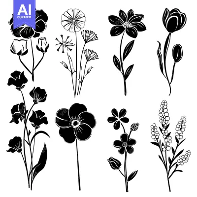 Popular premium asset: Black and White Silhouettes of Various Flowers