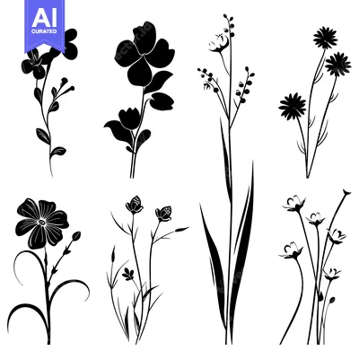Aset desain premium: Black Silhouettes of Various Floral Arrangements