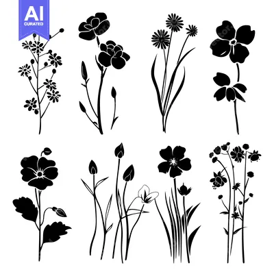 Aset premium populer: A Collection of Black Silhouettes of Various Flowers and Buds