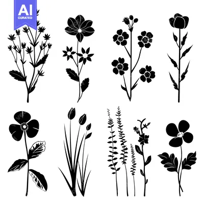 Aset desain premium: Eight Black Silhouettes of Different Flower and Plant Species