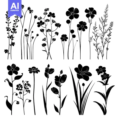 Premium design asset: Black Silhouettes of Various Wildflowers and Grasses