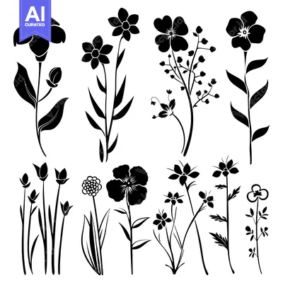 Aset desain premium: Silhouettes of Various Black Flowers and Plants