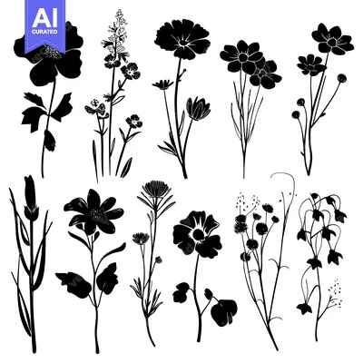Aset desain premium: Black Silhouettes of Various Flower and Plant Stems
