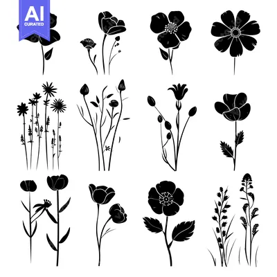 Aset premium populer: Black Silhouettes of Various Flowers and Foliage