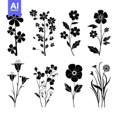 Premium design asset: Eight Black Silhouettes of Different Flower Arrangements