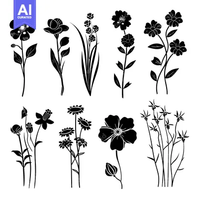 Set of Black Silhouettes of Various Wildflowers