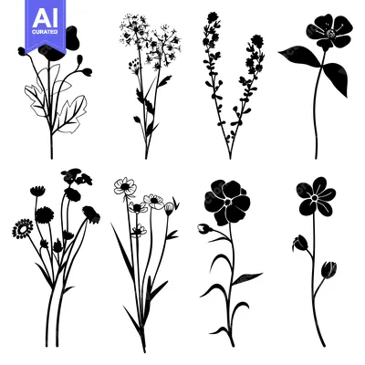 Aset desain premium: Set of Eight Black Silhouettes of Various Flowers and Plants