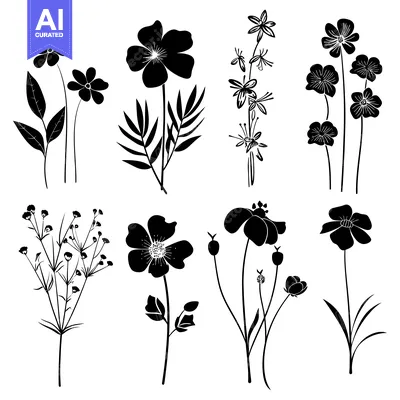 Popular premium asset: A Collection of Black and White Silhouettes of Various Flowers and Fol