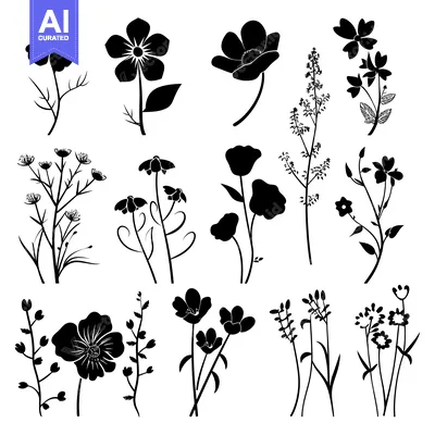 Popular premium asset: A Collection of Black Silhouettes of Various Wildflowers