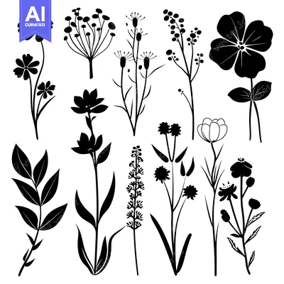 Aset premium populer: Silhouette Collection of Various Wildflowers and Foliage