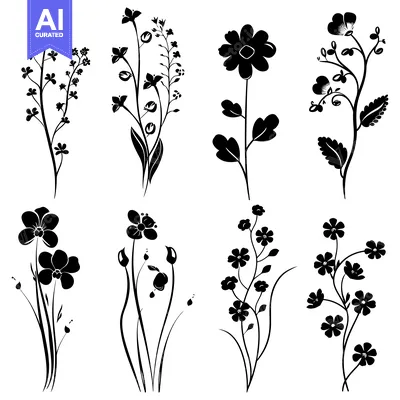 Aset premium populer: Black and White Silhouettes of Various Flowers and Plants