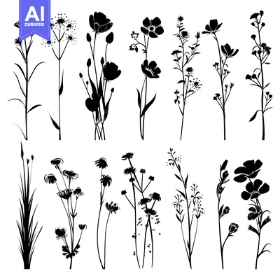 Popular premium asset: A Collection of Black Silhouettes of Various Wildflowers