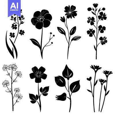 Aset premium populer: Black Silhouettes of Various Flowers and Plants