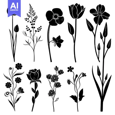 Popular premium asset: A Collection of Black Silhouettes of Various Flowers