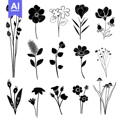 Popular premium asset: Collection of Black Silhouettes of Various Flowers and Plants