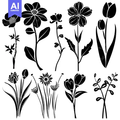 Aset desain premium: A Collection of Black Silhouette Flower and Plant Designs