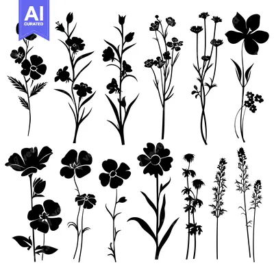 Black Silhouettes of Various Flowers and Wild Plants