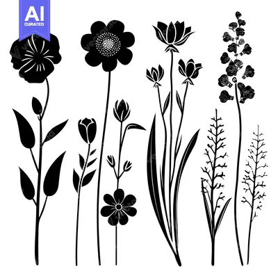 Popular premium asset: Silhouettes of Various Flowers and Grass on a White Background