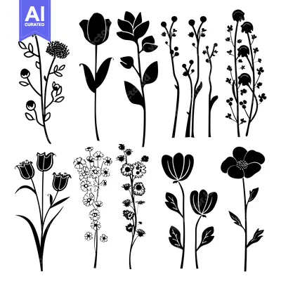 Aset desain premium: A Collection of Stylized Black and White Flower Silhouettes