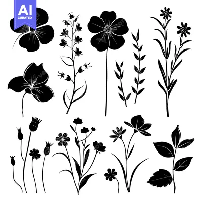 Popular premium asset: Black and White Silhouettes of Various Flowers and Foliage