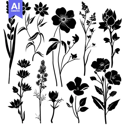 Aset desain premium: A Collection of Black Silhouettes of Various Blooming Flowers and Foli