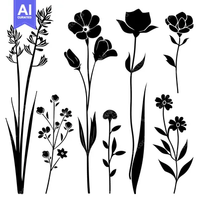 Aset premium populer: A Collection of Black Silhouettes of Various Flowers and Plants