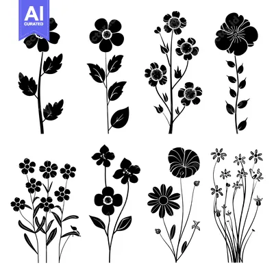 Aset premium populer: A Collection of Black Silhouettes of Various Blooming Flowers