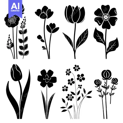 Aset desain premium: Black Silhouettes of Various Flower and Plant Designs