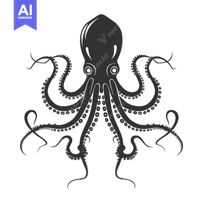Aset desain premium: Black and White Silhouette of an Octopus with Eight Tentacles