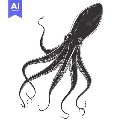 Aset desain premium: Black and White Illustration of an Octopus with Tentacles