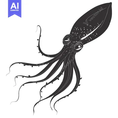 Premium design asset: Black and White Illustration of a Squid with Tentacles