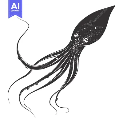 Aset desain premium: Black and White Illustration of a Squid with Tentacles