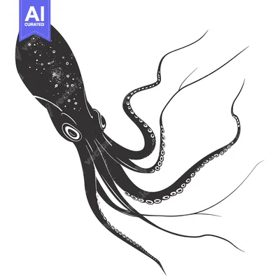 Black and White Illustration of an Octopus with Tentacles Extended