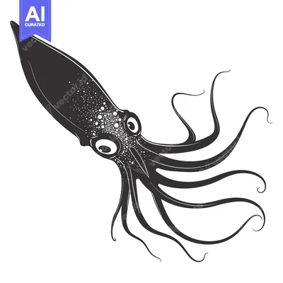 Aset desain premium: Black and White Illustration of a Squid with Large Eyes