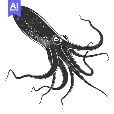 Aset desain premium: Black and White Illustration of an Octopus with Eight Tentacles