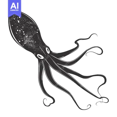 Black and White Illustration of an Octopus with Tentacles Extended