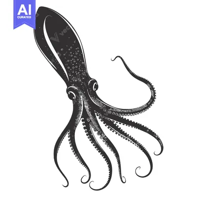Aset desain premium: A Black and White Illustration of an Octopus with Eight Tentacles