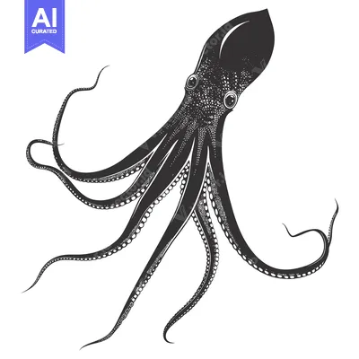 Aset desain premium: Black and White Illustration of an Octopus with Eight Tentacles