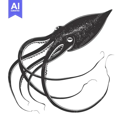 Aset desain premium: Black and White Illustration of a Cephalopod with Tentacles
