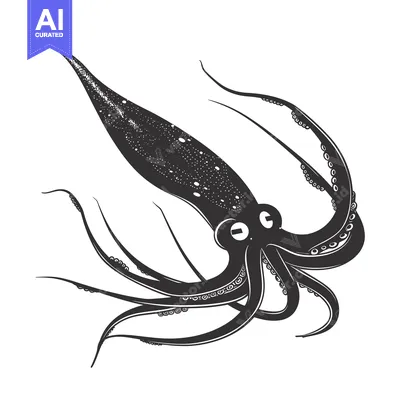 Aset premium populer: A black and white illustration of a squid with eight tentacles and two