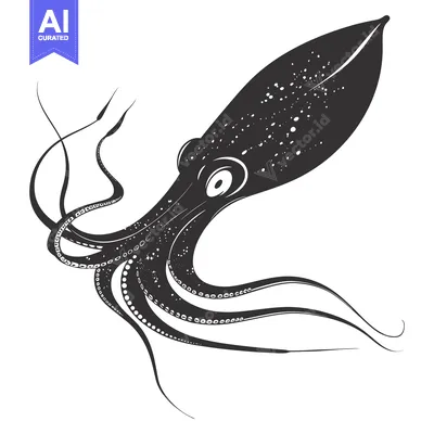 Black and White Illustration of a Squid with Tentacles