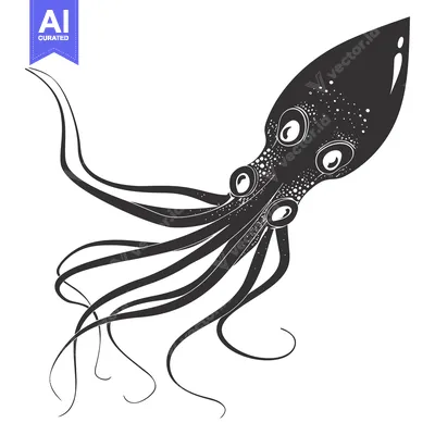 Black and White Illustration of a Squid with Tentacles