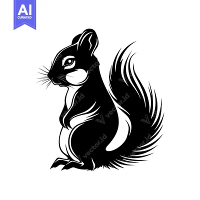 Aset premium populer: Black and White Illustration of a Squirrel Standing with its Tail Behi