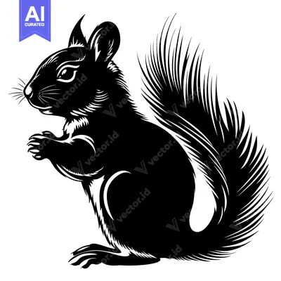 Aset premium populer: Black and White Silhouette of a Squirrel with Bushy Tail