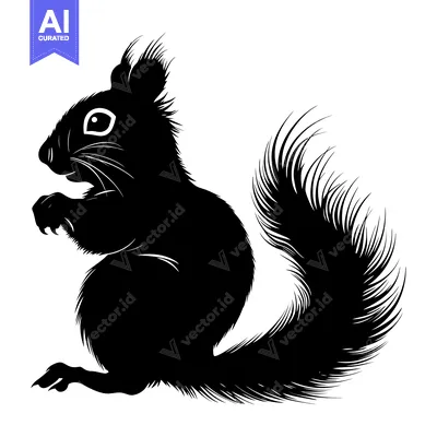 Black and White Silhouette of a Sitting Squirrel with a Bushy Tail