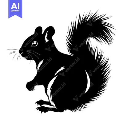 Aset desain premium: Black and White Silhouette of a Squirrel Sitting with its Tail Raised