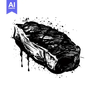 Black and White Ink Spatter Illustration of a Grilled Steak