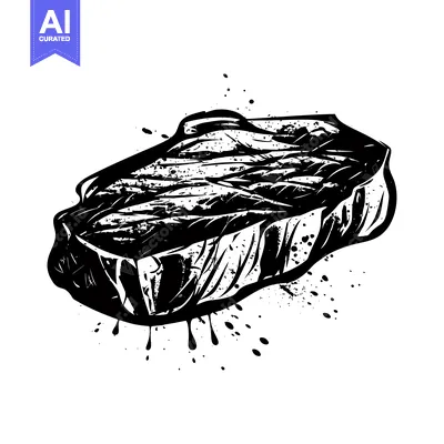 Aset desain premium: Black and White Hand-Drawn Illustration of a Steak with Ink Splatter