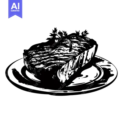 Aset desain premium: A single grilled steak with herbs on a white plate